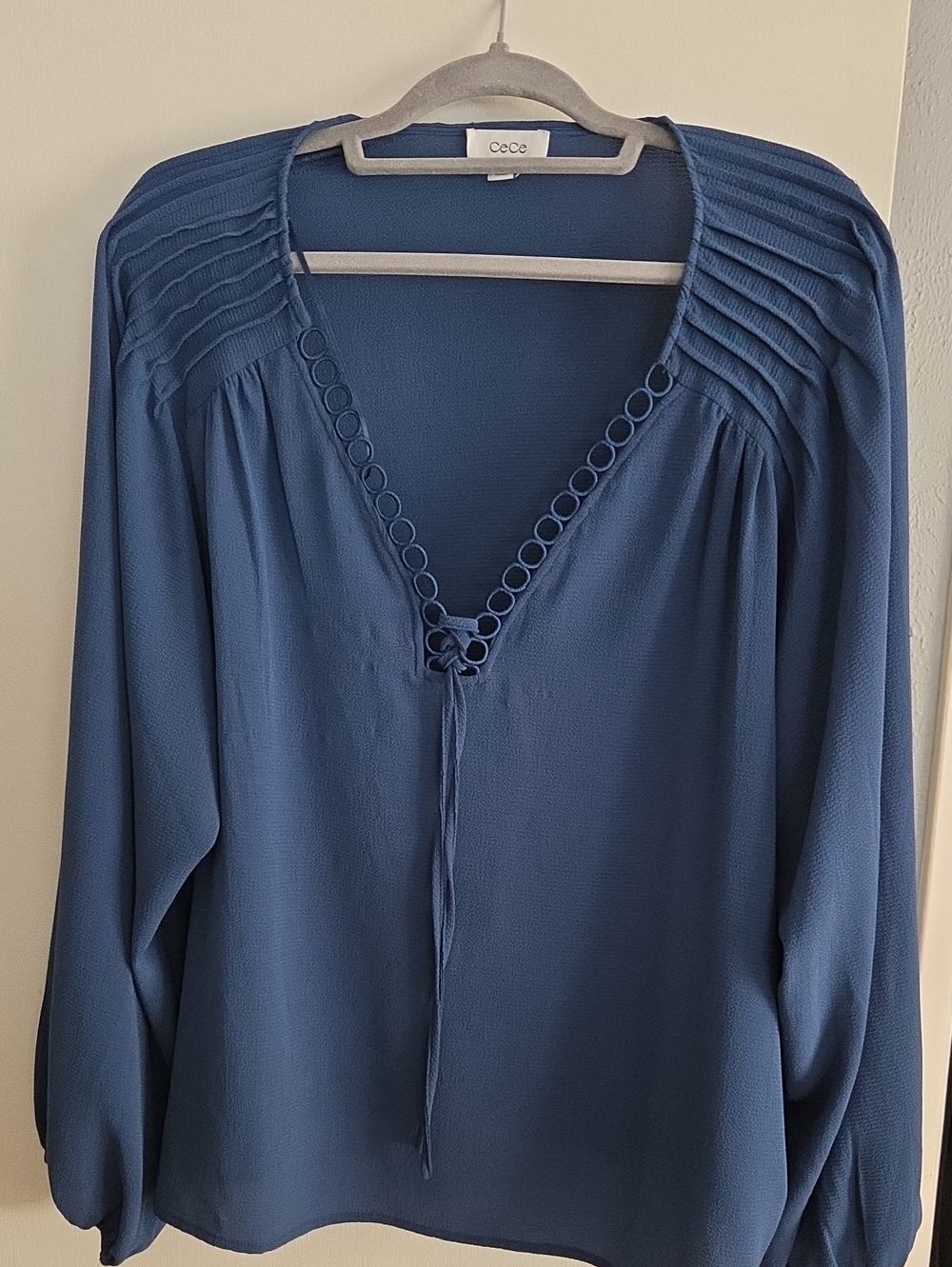 CeCe Slate Blue V-Neck Long Sleeve Blouse with Loop Trim